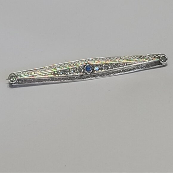 Vintage Slim Sterling Silver Pointer Blue White Crystal Bar Brooch - Picture 11 of 11